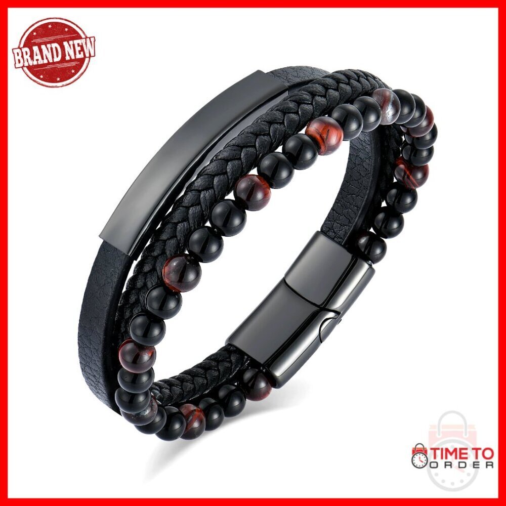 Men's Leather Bracelet with Tiger Eye and Obsidian Stones, Adjustable Buckle